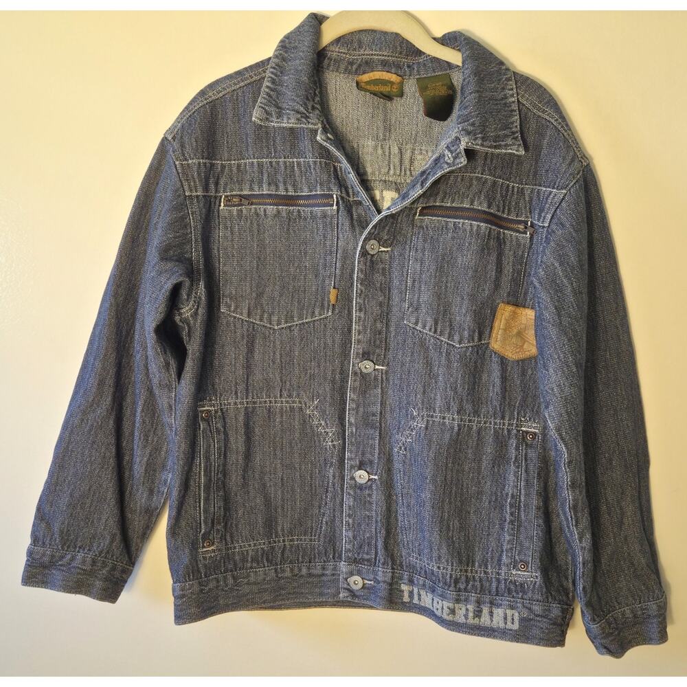 Rare Timberland Denim Jacket Chore Utility Style Button Front Sz L (Y 16-18)